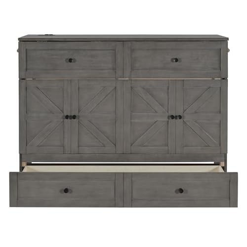 YOPTO Full Size Murphy Bed Chest,Folding Storage Wall Bed with Large Drawers,USB Ports & 2 Three-Prong Outlets,Hidden Cabinet Platform Bed W/Wood Slats Support,for Bedroom,Guest Room,Brushed Gray YOPTO