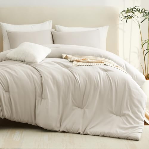 CozyLux Beige Queen Comforter Set, 3 Pieces Boho Solid Breathable Quilted Style Bedding Sets, Luxury Fluffy Soft Bed Set with Down Alternative Comforter for All Season (1 Comforter & 2 Pillowcases) CozyLux