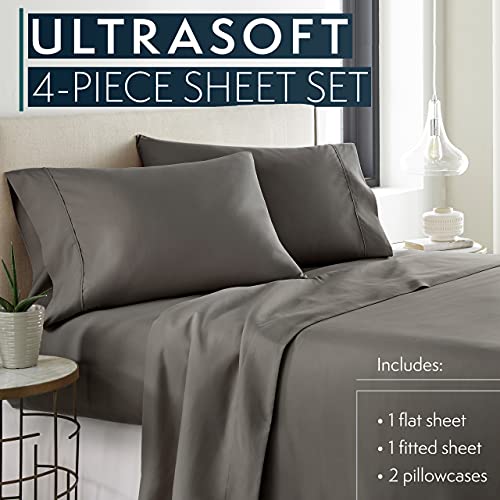 HC COLLECTION Bed Sheets Set Queen with 2 Pillowcases, Hotel Luxury Platinum 1800 Series Brushed Microfiber Deep Pocket Fitted Sheet, Fade Resistant Ultra Soft 4 Pcs Bedding for Hot Sleepers, Gray HC COLLECTION