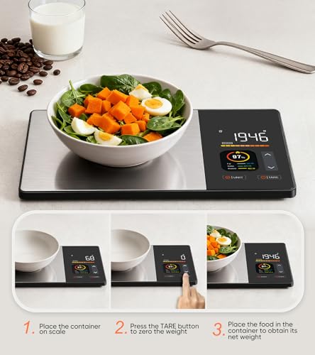 KUAIVO Smart Nutrition Food Scale with TFT Display, Tracks Calories, Fat, Carbs & Protein, Works with App for Daily Reports, 50 Built-in Foods, 23 Nutrients, Digital Kitchen Scale for Meal Prep KUAIVO