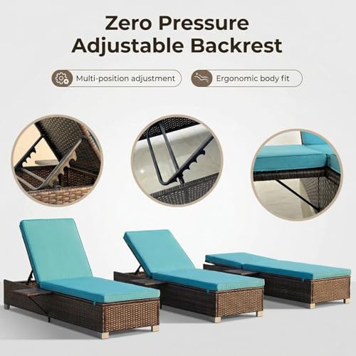 Outdoor Chaise Lounge Chairs Set of 2 with Fixed Side Shelf, All-Weather Wicker Pool Lounge Chair, 5-Position Adjustable Backrest, Removable Washable Light Blue Cushion for Patio, Poolside, Backyard