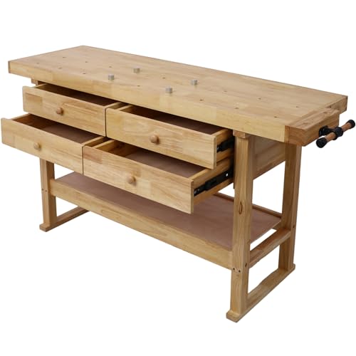 60" Solid Wood Workbench with 4 Drawers and Lower Shelf, Durable Rubberwood Wooden Workbench for Garage, Woodworking Carpenter Workshop and Home Natural Finish 330 lbs Capacity - WoodArtSupply