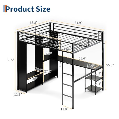 Frigenarro Queen Size Metal Loft Bed with Built-in Desk, Wardrobe,Storage Shelves, Guardrail, and Sturdy Ladder for Space-Saving Bedroom Solution Frigenarro