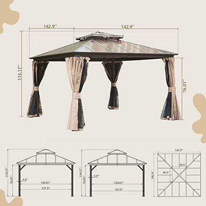 Domi 12' X 12' Hardtop Gazebo, Permanent Outdoor Gazebo with Polycarbonate Double Roof, Aluminum Gazebo Pavilion with Curtain and Net for Garden, Patio, Lawns, Deck, Backyard