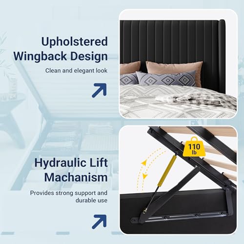 Allewie Queen Size Lift Up Storage Bed Frame, Hydraulic Support System, Upholstered Platform Bed Frame, Underneath Storage, Vertical Channel Tufted Headboard with Wingback, No Box Spring Needed, Black Allewie