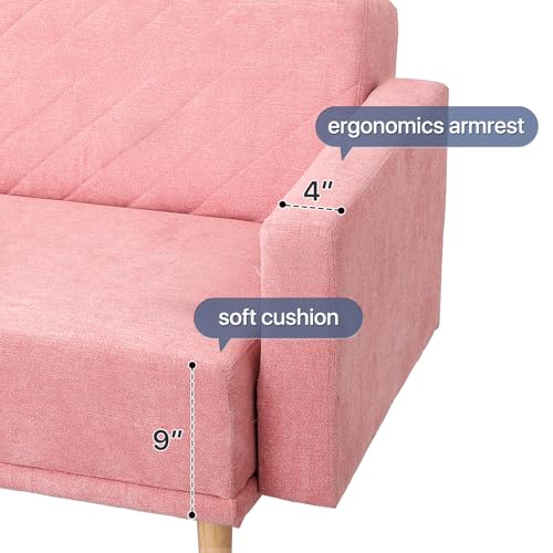 MoNiBloom 75 Inch Convertible Couch Sofa Bed, Reclining Futon Sleeper with Cloud Cushion & Ergonomics Armrest, 3 Seater Upholstered Couch, Comfy Reclining Sofa Bed for Living Room, Bedroom, Pink MoNiBloom