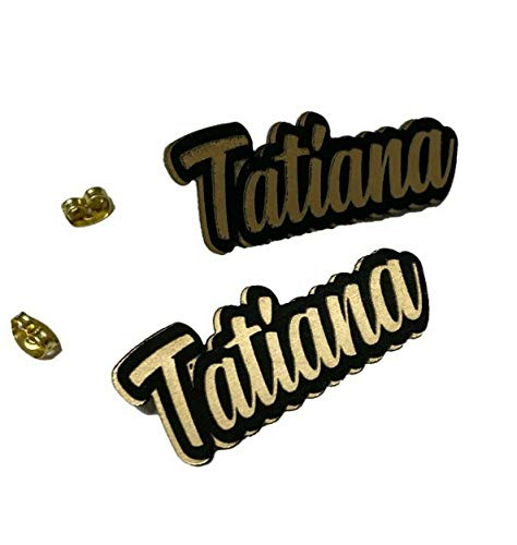 Personalized Custom Black and Gold Posts Studs Earrings Name Plate Laser Cut Design Stunning - Quality, Attractive Fashion Earrings, Made To Order, Any Name or Word - 1 INCH Size, Post Earrings Design Mirror Mania