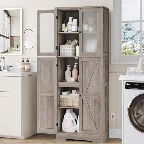 BOTLOG Farmhouse Bathroom Storage Cabinet, 67'' Tall Storage Cabinet with Barn Doors and Shelves, Kitchen Pantry Cabinet for Living Room, Dining Room, Rustic Grey BOTLOG