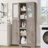 BOTLOG Farmhouse Bathroom Storage Cabinet, 67'' Tall Storage Cabinet with Barn Doors and Shelves, Kitchen Pantry Cabinet for Living Room, Dining Room, Rustic Grey BOTLOG