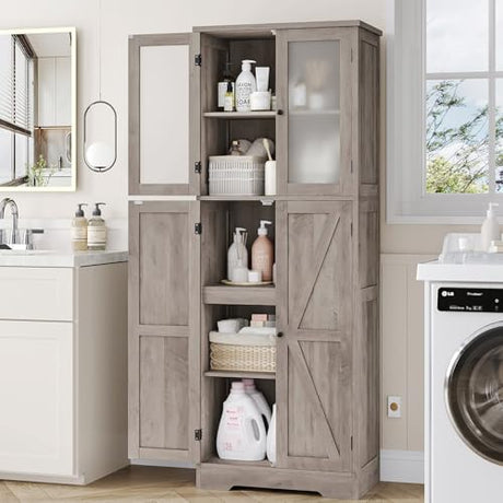 BOTLOG Farmhouse Bathroom Storage Cabinet, 67'' Tall Storage Cabinet with Barn Doors and Shelves, Kitchen Pantry Cabinet for Living Room, Dining Room, Rustic Grey BOTLOG