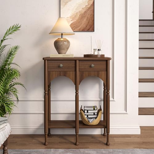 Topbele Console Table with 2 Drawers & Shelf, 28" Mid-Century Modern Entryway Table, Retro 2-Tier Sofa Table, Wooden Accent Table for Living Room, Hallway, Brown Topbele
