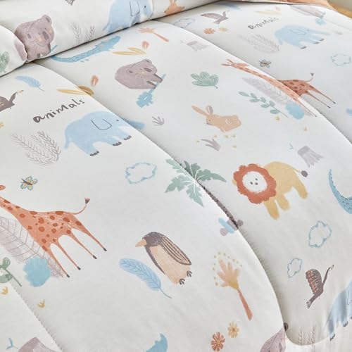 Joyreap 3pcs Cotton Queen Size Comforter Set for Kids Boys Girls, Zoo Theme Animals White n Brown Design, Soft n Cozy 3 Pieces Bedding Comforter Set for All Season- 88x88 inches Joyreap