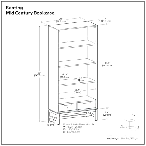SIMPLIHOME Banting Bookcase - 66 inch Tall Solid Hardwood and Metal Bookshelf in Walnut Brown, Industrial Storage for Living Room, Study Room or Office with Open Shelves and Metal Frame SIMPLIHOME