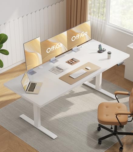 OffiGo 79 Inch Executive Electric Standing Desk, Height Adjustable Desk with Power Outlet & 1.38" Thick 3-Piece Desktop, Sit Stand Computer Desk for Home, Office, Conference Room, White OffiGo