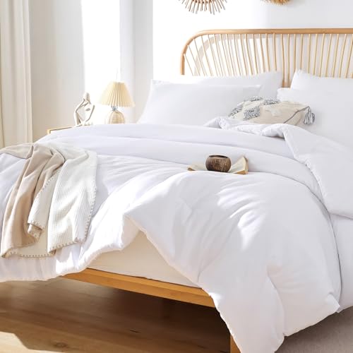 ROSGONIA White Queen Comforter Set, 3pcs(1 Boho White Comforter & 2 Pillowcases) All Season Soft Bedding Lightweight Bedspread Blanket Quilt ROSGONIA
