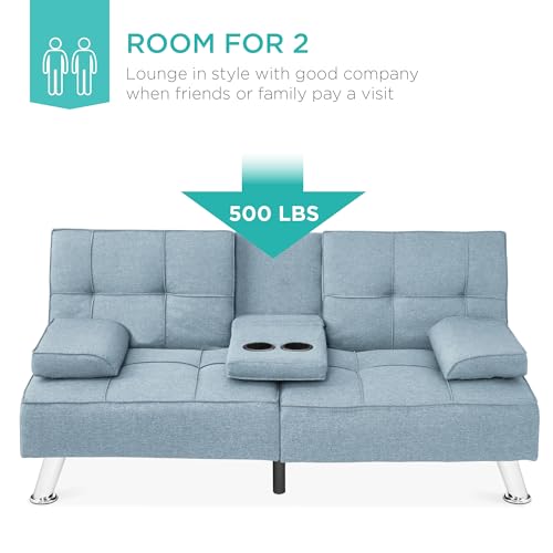Best Choice Products Linen Modern Folding Futon, Reclining Sofa Bed for Apartment, Dorm w/Removable Armrests, 2 Cupholders - Light Blue Best Choice Products