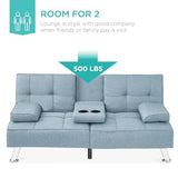 Best Choice Products Linen Modern Folding Futon, Reclining Sofa Bed for Apartment, Dorm w/Removable Armrests, 2 Cupholders - Light Blue Best Choice Products