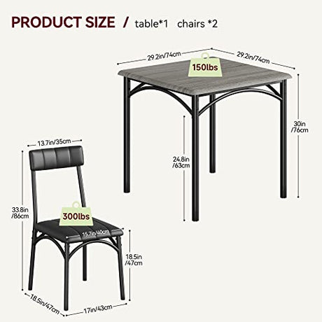 Amyove Modern Rustic Gray Square Dining Set, 29.2' L x W 30.1' H Table, 33.7' 18.4' 17' Chairs, 2 Person, Metal & MDF, Easy Assembly, Space-Saving Amyove