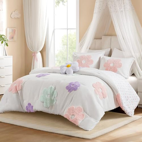 Intelligent Design Kids Full Comforter Set for Girls, Tufted Chenille Floral Comforter Set Queen, Lightweight Polka Dot Reversible Bed Set, Shams, Pillow, Gracie, Full/Queen White/Purple 4 Piece Intelligent Design