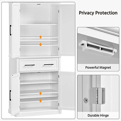 Topeakmart 72.5" Kitchen Pantry with Large Drawer, Wooden Pantry Cabinet Cupboard with Doors and Adjustable Shelves, Storage Cabinet Organizer for Kitchen, Dining Room, Living Room, White - WoodArtSupply