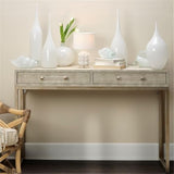 Eden Home 2-Drawer Faux Leather Console Table, Cream and Champagne Finish, 31" H x 48" W x 17" D, Clear Acrylic Handles, Iron Base, Transitional Style for Living Room or Entryway Storage Eden Home