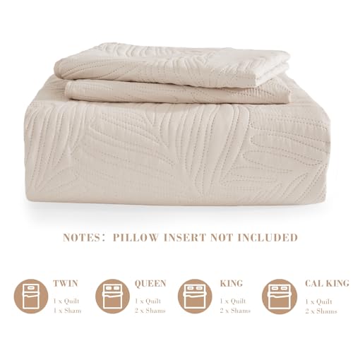 Exclusivo Mezcla King Size Quilt Bedding Set, Lightweight Brich Beige Quilts King Size for All Seasons, Soft Microfiber Bedspreads Coverlets Bed Cover with Leaf Pattern, 3 Piece Exclusivo Mezcla