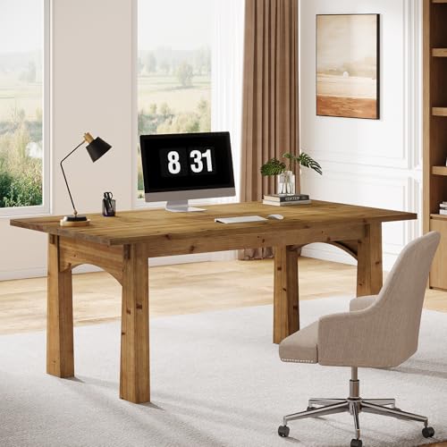 TRIBEWOOD Solid Wood Executive Desk, 63-Inch Computer Desk with Sturdy Wooden Legs, Farmhouse Workstations Writing Table Conference Table Business Furniture for Home Office TRIBEWOOD