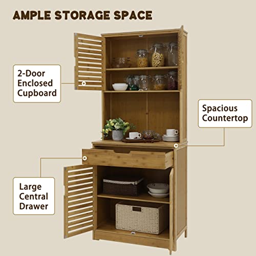 MUPATER Kitchen Pantry Cabinet Hutch Storage with Microwave Stand, 72'' Bamboo Freestanding Pantry Buffet Cabinet with Doors and Shelves for Home MUPATER