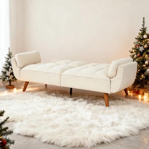 Trygoal Convertible Futon Sofa Bed, Modern Futon Couch with 2 Pillows, Small Futons Couch with Adjustable Armrest & Backrest, Loveseat Sofa Bed for Living Room, Bedroom, Beige Trygoal