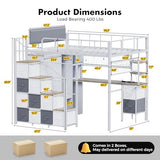 Kikihouse Full Size Loft Bed with Desk, Stairs & LED Light, Metal Gaming Loft Bed Frame with Headboard, Safety Guardrails, Charging Station, Closet and 12 Fabric Drawers, Space Saving, White and Oak Kikihouse