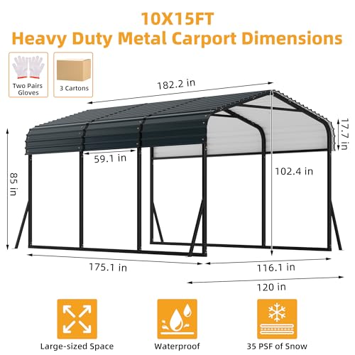 Metal Carport, 10x15 ft Car Port with Enhanced Base and Galvanized Steel Roof, Heavy Duty Garage Car Shelter Shade, Outdoor Canopy for SUV, Truck, Boats Garvee