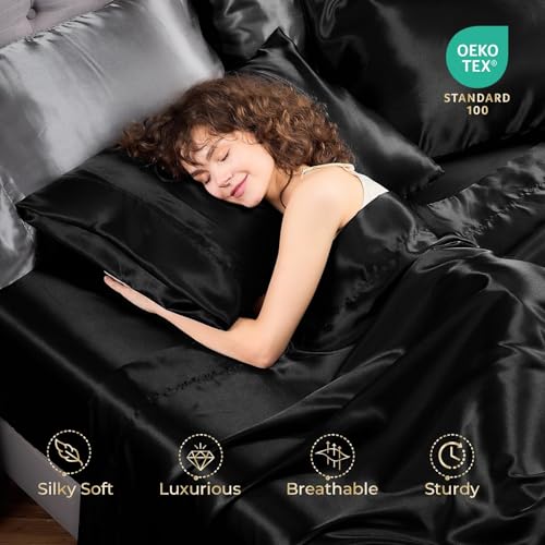 Sasttie Satin Sheets Full - 4 Pieces Luxury Soft Black Silky Bed Sheets Set with Pillowcases - Smooth Silk-Like Satin Fabric, Reinforced 14 Inches Pocket, Oeko-Tex Certified Sasttie