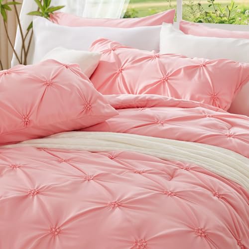 BEDELITE Pink Queen Comforter Set - 3 Pieces Boho Pintuck Bedding Comforter Sets, Lightweight Soft & Warm Bed Comforter with 2 Pillowcases for All Season,Valentines Day BEDELITE