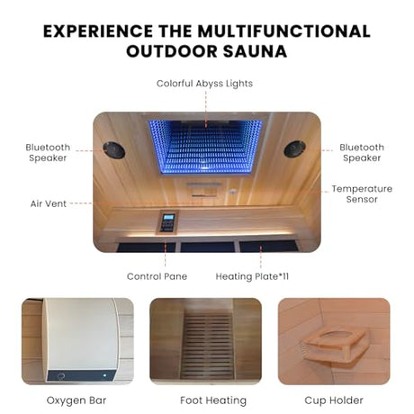 Outdoor Sauna 4 Person Infrared Saunas Outdoor Dry Sauna Room Wood Wooden Sauna Canadian Fir Red Cedar Low EMF 2600W/240V with Oxygen Bar, 7 Color Light, Control Panel, Speaker - 62.2" x 46.9" x 81.9" HOSAUNA