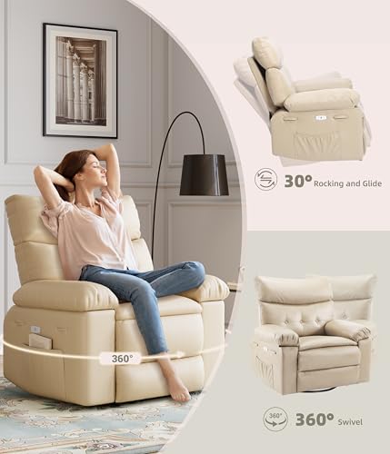 Swivel Rocker Recliner Chair, Massage Recliner Chair with Heat, 360° Swivel PU Leather Manual Recliner for Adults, Long Sitting Fatigue Relief and Shoulder Neck Relaxation, Beige BouPower