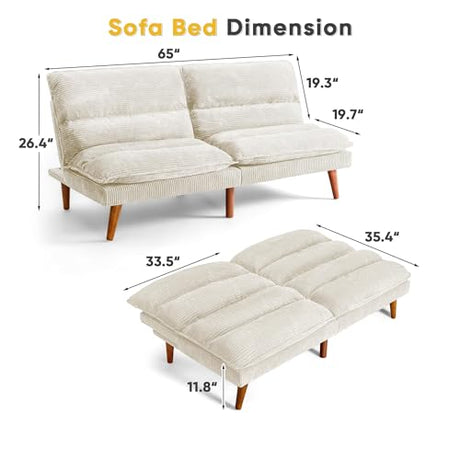 Flamaker Convertible Futon Sofa Bed Futon Couch with Adjustable Back Upholstered Sleeper Sofa Bed for Living Room Furniture (Corduroy, White) Flamaker