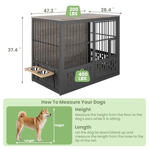 Yafylly 48 Inch XXL Dog Crate Furniture, Wooden Chewproof Dog Kennel with Interactive Window, 360° Adjustable Bowls (5 Heights), Storage Table Top, Heavy Duty XL Dog Crate for Medium Large Dogs, Gray Yafylly