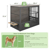Yafylly 48 Inch XXL Dog Crate Furniture, Wooden Chewproof Dog Kennel with Interactive Window, 360° Adjustable Bowls (5 Heights), Storage Table Top, Heavy Duty XL Dog Crate for Medium Large Dogs, Gray Yafylly