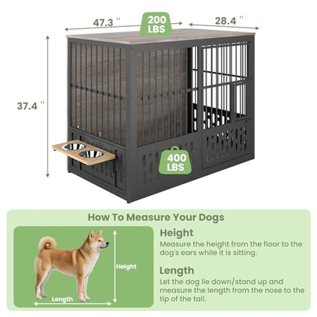 Yafylly 48 Inch XXL Dog Crate Furniture, Wooden Chewproof Dog Kennel with Interactive Window, 360° Adjustable Bowls (5 Heights), Storage Table Top, Heavy Duty XL Dog Crate for Medium Large Dogs, Gray Yafylly