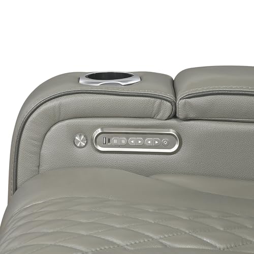 Lexicon Power Double Reclining Sofa, Center Drop-Down Table with Heat/Massage/Headrest/Storage Arms/Cup Holders/LED Lights/Wireless Charging, Top Grain Leather Match Wall Hugger Recliner Sofa, Grey Lexicon