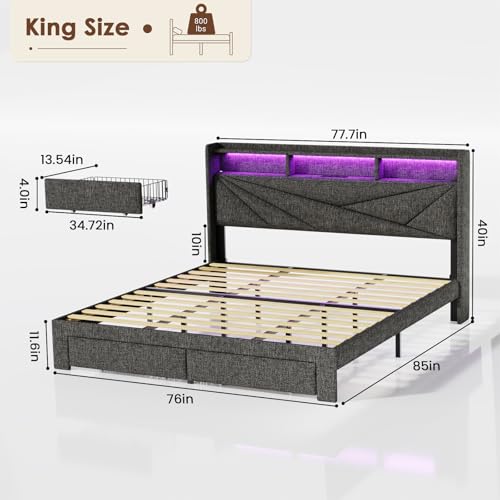 Driftalia King Size Bed Frame with 2-Tier Storage Headboard, Upholstered King Bed Frame with 2 Drawers, Charging Station and LED Lights, No Box Spring Needed, Easy Assembly - Dark Grey Driftalia