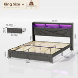 Driftalia King Size Bed Frame with 2-Tier Storage Headboard, Upholstered King Bed Frame with 2 Drawers, Charging Station and LED Lights, No Box Spring Needed, Easy Assembly - Dark Grey Driftalia