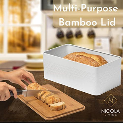 White Bread Box For Kitchen Countertop With Bamboo Wood Cutting Board Lid - Farmhouse White Metal Large Bread Box Modern Style To Extend Freshness - Bread Storage Container