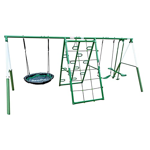 Swing, Climb and Glide Play Center. Backyard Playground Set. Easy Assembly, 7 User / 5 Station Metal Outdoor Play Set for Kids with Two Climbing Stations. 176" L x 69" Deep x 73" H, by XDP Recreation XDP RECREATION