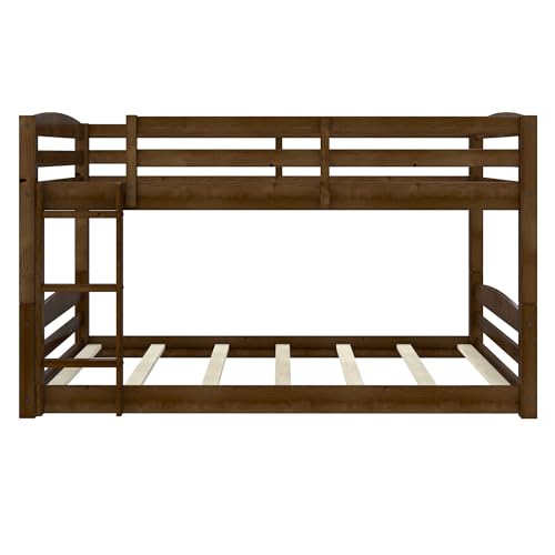 DHP Phoenix Convertible Low Wood Floor Bunk Bed, Stackable and Detachable Bed Frames for Kids, Solid Wood, with Ladder, High Guardrail, Wood Slats, No Boxspring Required, Full-Over-Full, Mocha DHP