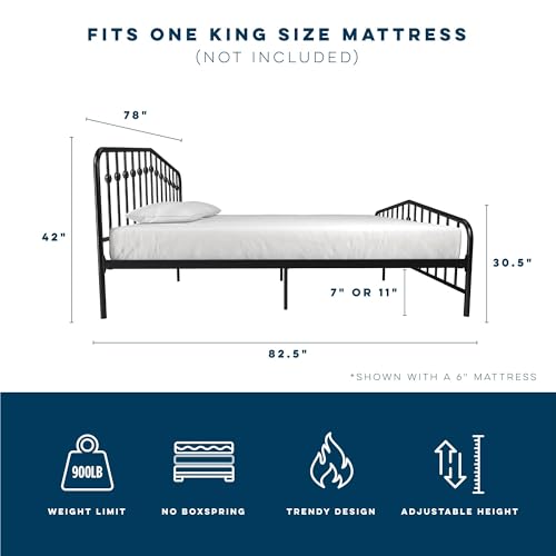 Novogratz Bushwick Modern Metal Bed, Slightly Triangular Headboard and Footboard with Inset Spindles, Adjustable Base Height for Underbed Storage, Requires No Box Spring, King Size - Black Novogratz
