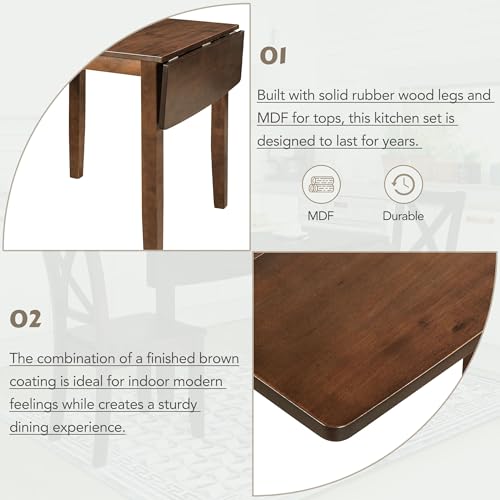 LUMISOL 3-Piece Wood Drop Leaf Dining Table Set with 2 X-Back Chairs, Space-Saving Breakfast Nook Dining Set for 2 People, Extendable Kitchen Table Set, Brown LUMISOL