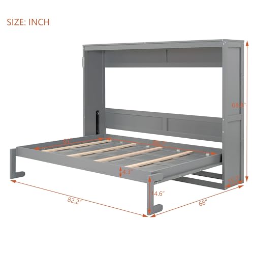 Merax Modern Farmhouse Solid Wood Murphy Cabinet Bed, No Box Spring Needed/Easy Assemble/Queen,Gray Merax