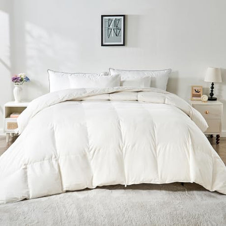 KUSNUG 100% Organic Cotton Feather & Down Fibers Comforter Twin Size, All-Season Hotel-Style Hypoallergenic Duvet Insert, Ivory White 68x90 Inch KUSNUG