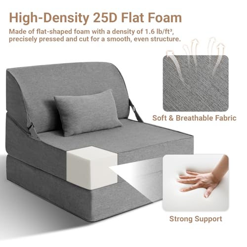 BeBen Folding Sofa Bed Chair, Convertible Sleeper Chair Futon Couch, Foldable Boneless Floor Lounger Sofa, Single Foam Chair Bed for Small Spaces, Dorm, Guest Room, Living Room, Apartment, Grey BeBen